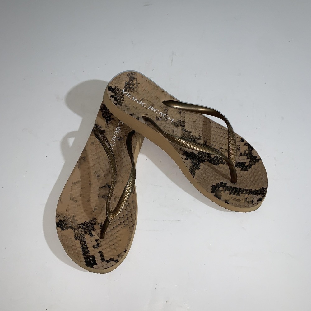 Vionic Beach Sandals Womens Size 7 Brown Snake Thong Wedge Comfort Flip Flops